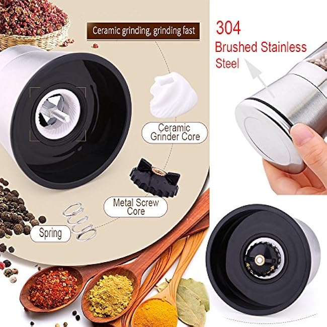 Salt and Pepper Mills with Matching Stand- Amison Stainless Steel Salt and Pepper Grinder Mill Set - 5 Grade Precision Adjustable Ceramic Rotor with Funnel (2 Pack Pepper Mills)