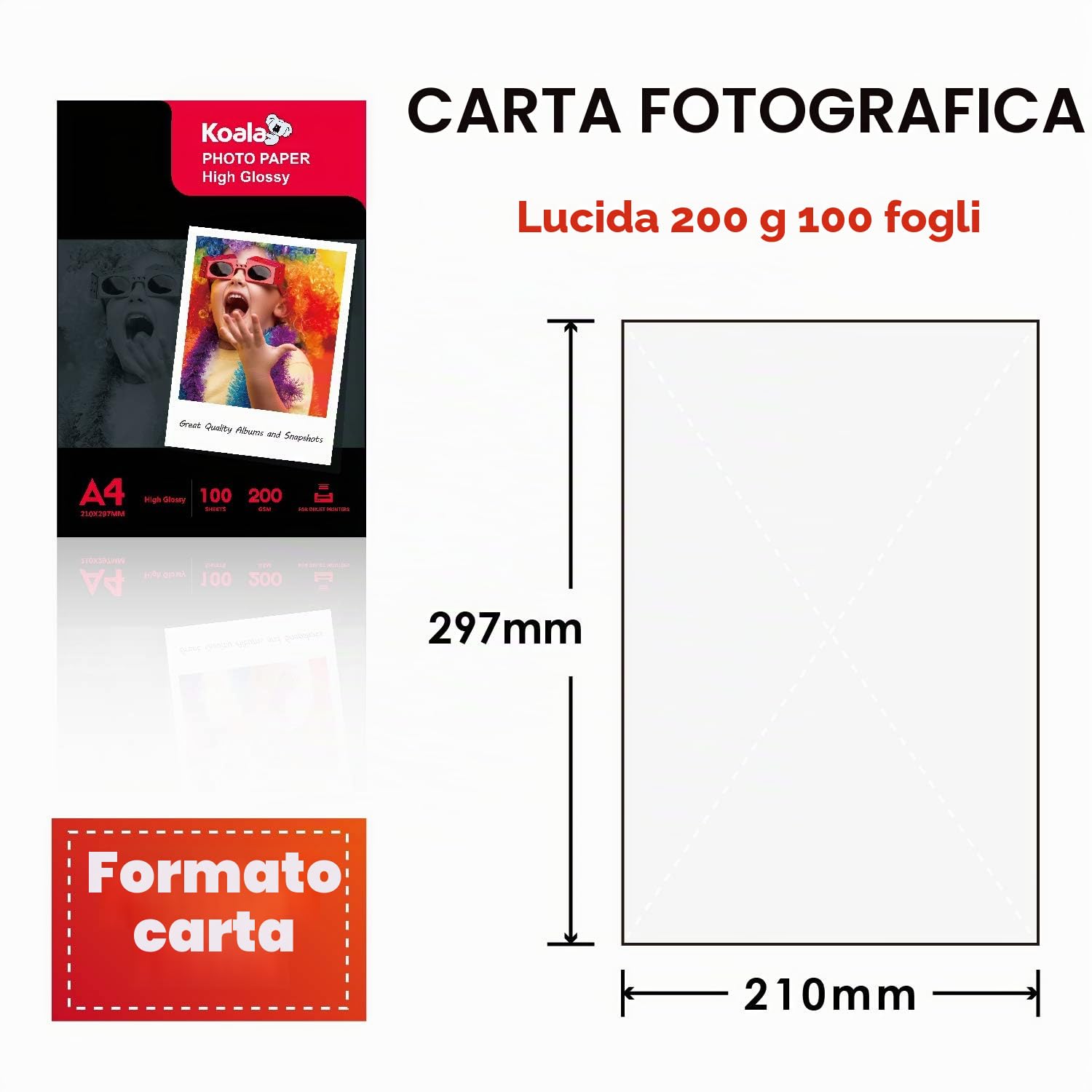 KOALA Carta fotografica lucida A4 200g/m² 100 fogli per stampante a getto d'inchiostro Canon HP Epson