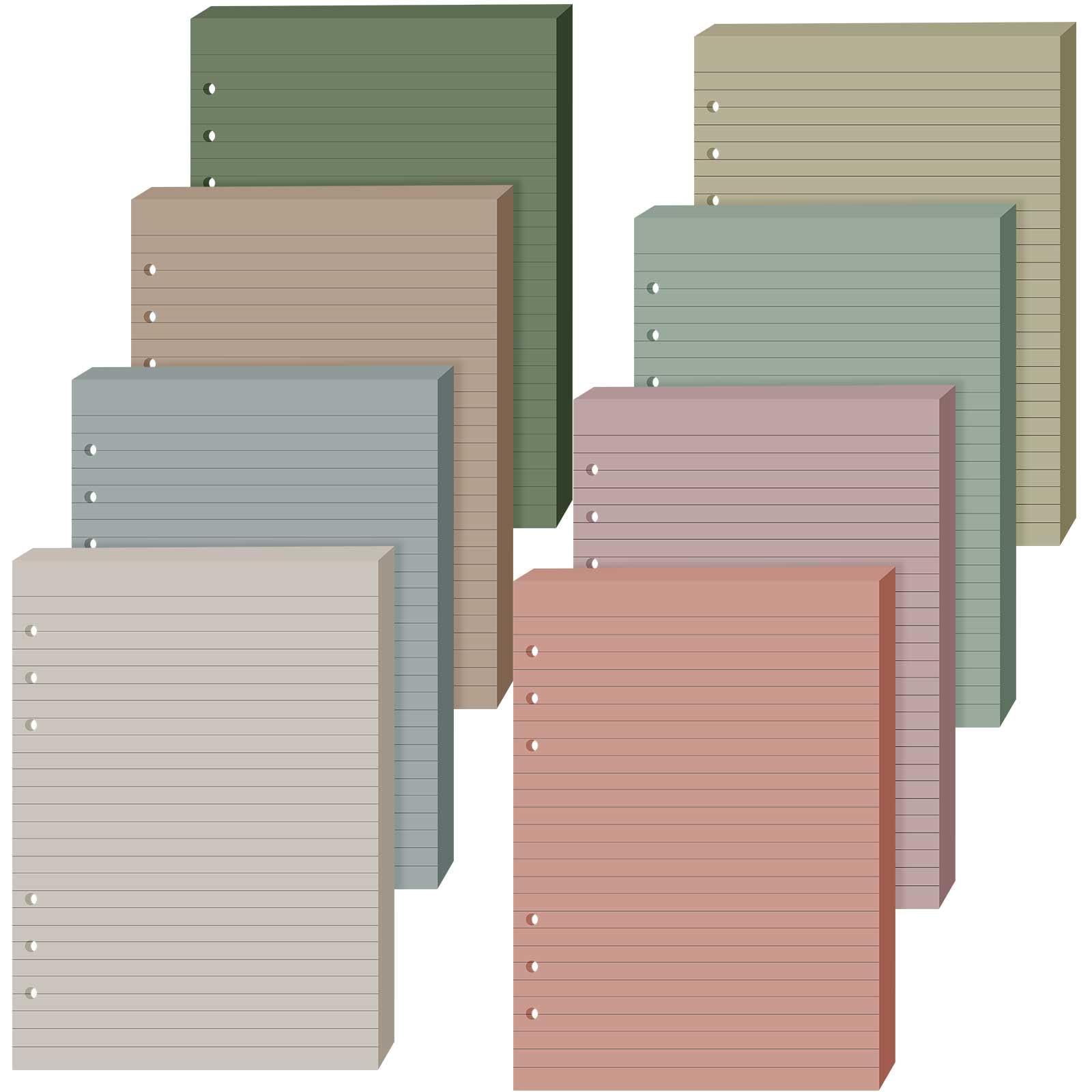 PerKoop 8 Stück liniertes Nachfüllpapier, A5, farbig, 6 Ringbucheinlagen, 6 Löcher, Notizbuch, Nachfüllpapier, 21,6 x 14,7 cm, lose Blätter (Morandi-Farbe)