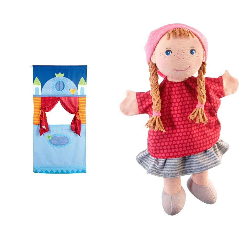 HABA HA-1055 7281 Türtheater, hübsches Zubehör fürs Kasperle-und Puppentheater, schnell und leicht im Türrahmen zu fixieren & 306245 - Handpuppe Gretelchen, Handpuppe ab 1,5 Jahren