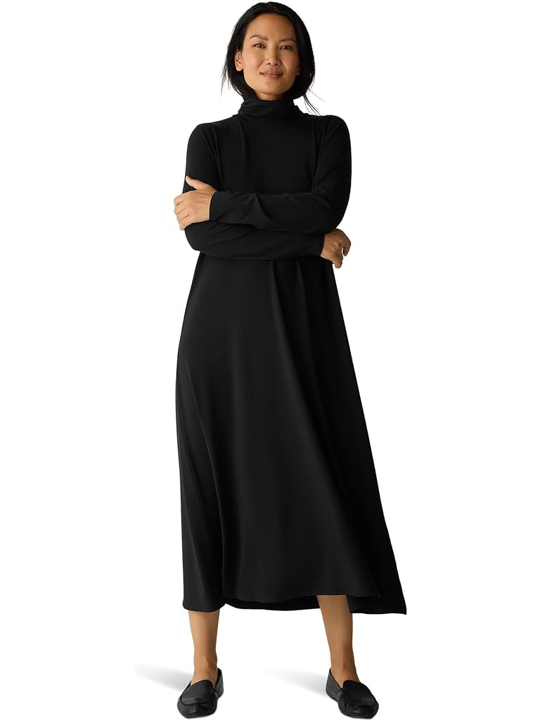 Black Eileen Fisher Stretch Jersey Knit Turtle Neck Dress