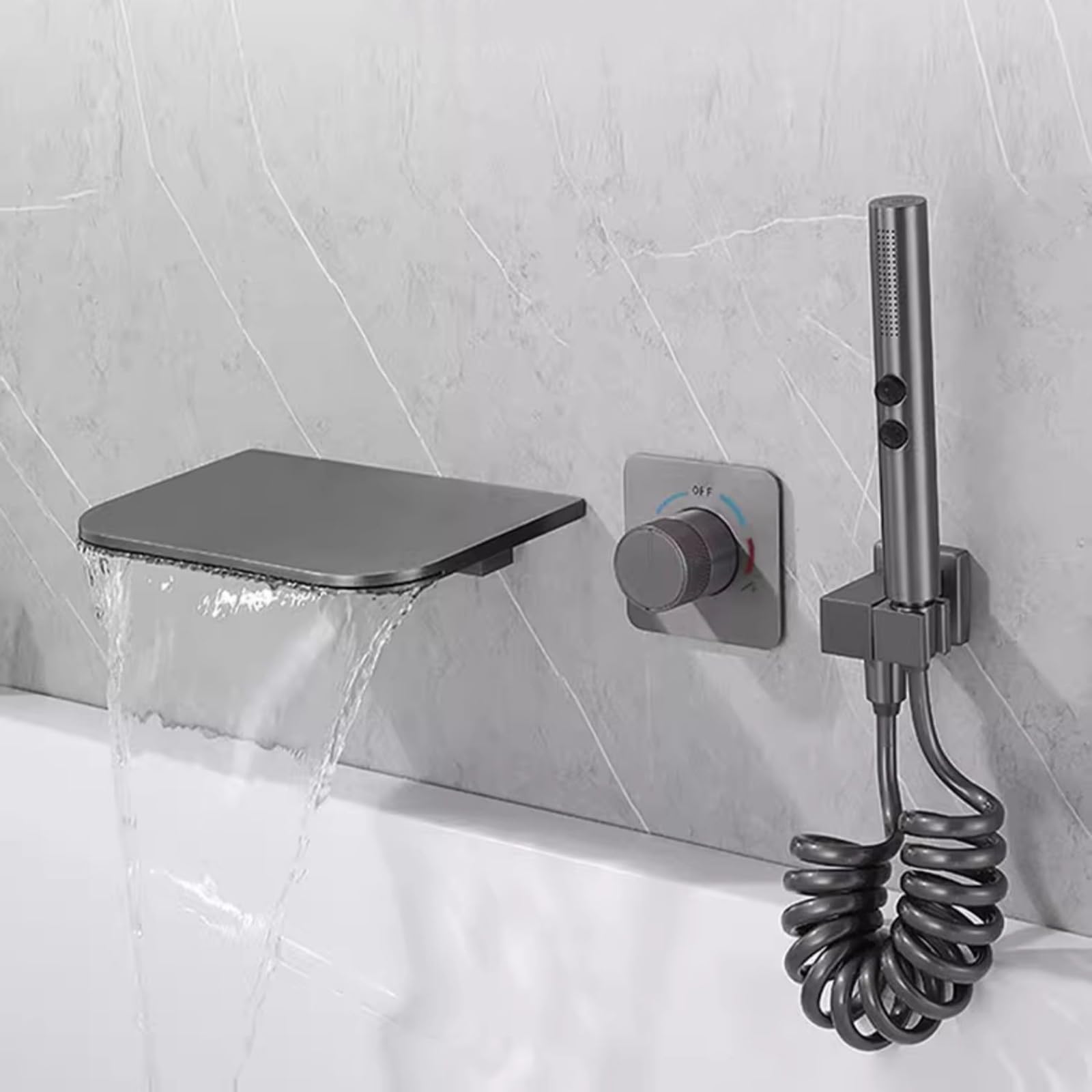 JYBNBBE Waterfall Wall Mounted Bath Shower Mixer Tap Hot and Cold Brass Concealed Bath Taps Wall Mount Grey (Grey A)