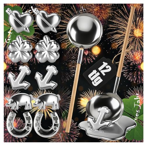 Wilhelm Sell® 12-teiliges Zinngießen-Set - Silvestergießen mit Holzgriff zum Orakeln & Wahrsagen - Moderne & gesunde Alternative zum Bleigießen - Familienspaß für Silvester