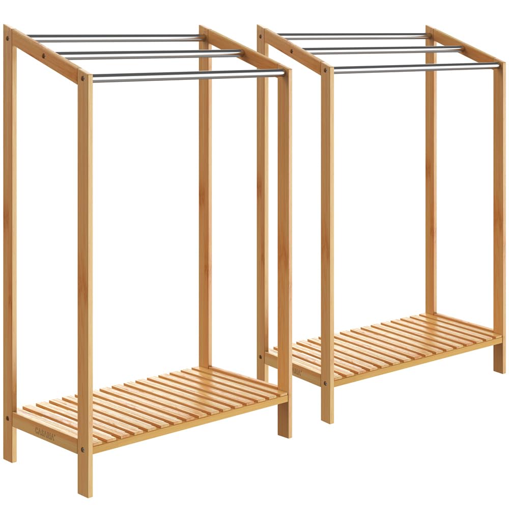 CASARIA® Set de 2 Toalleros de Pie Madera de Bambú 3 Barras de Acero Inoxidable 85x51x31 cm Sin Taladrar