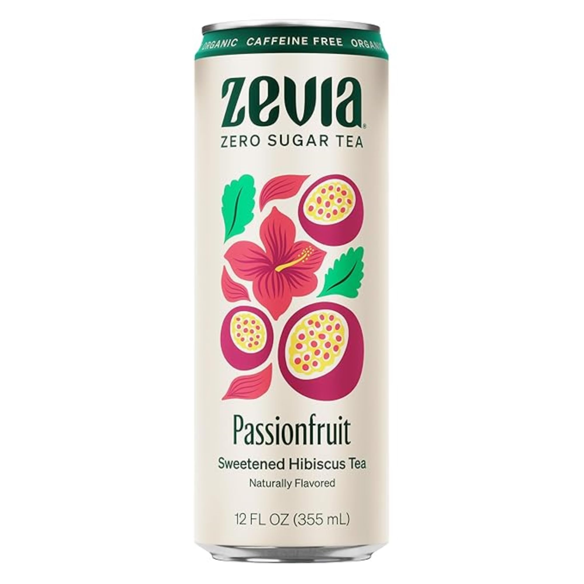 Zevia Zero Sugar Tea, Hibiscus Tea with Passionfruit Caffeine Free, 12 oz Cans (12-Pack) – Naturally Sweetened, Zero Calorie Sugar Free - Non-GMO Project Verified, Gluten-Free, Vegan