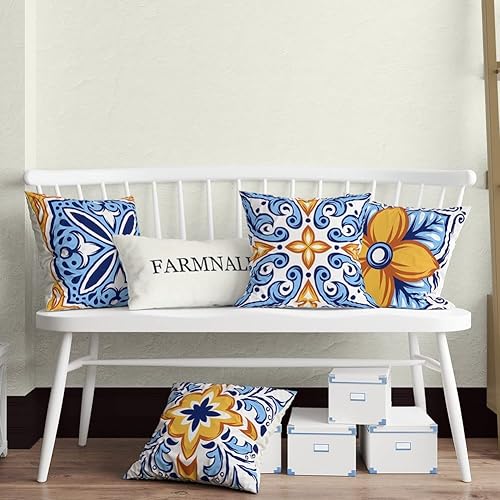 Miniatura 5 de Juego de 4 fundas de almohada mexicanas de talavera para exteriores, impermeables, para exteriores, 18 x 18 pulgadas, diseño de geometría exótica