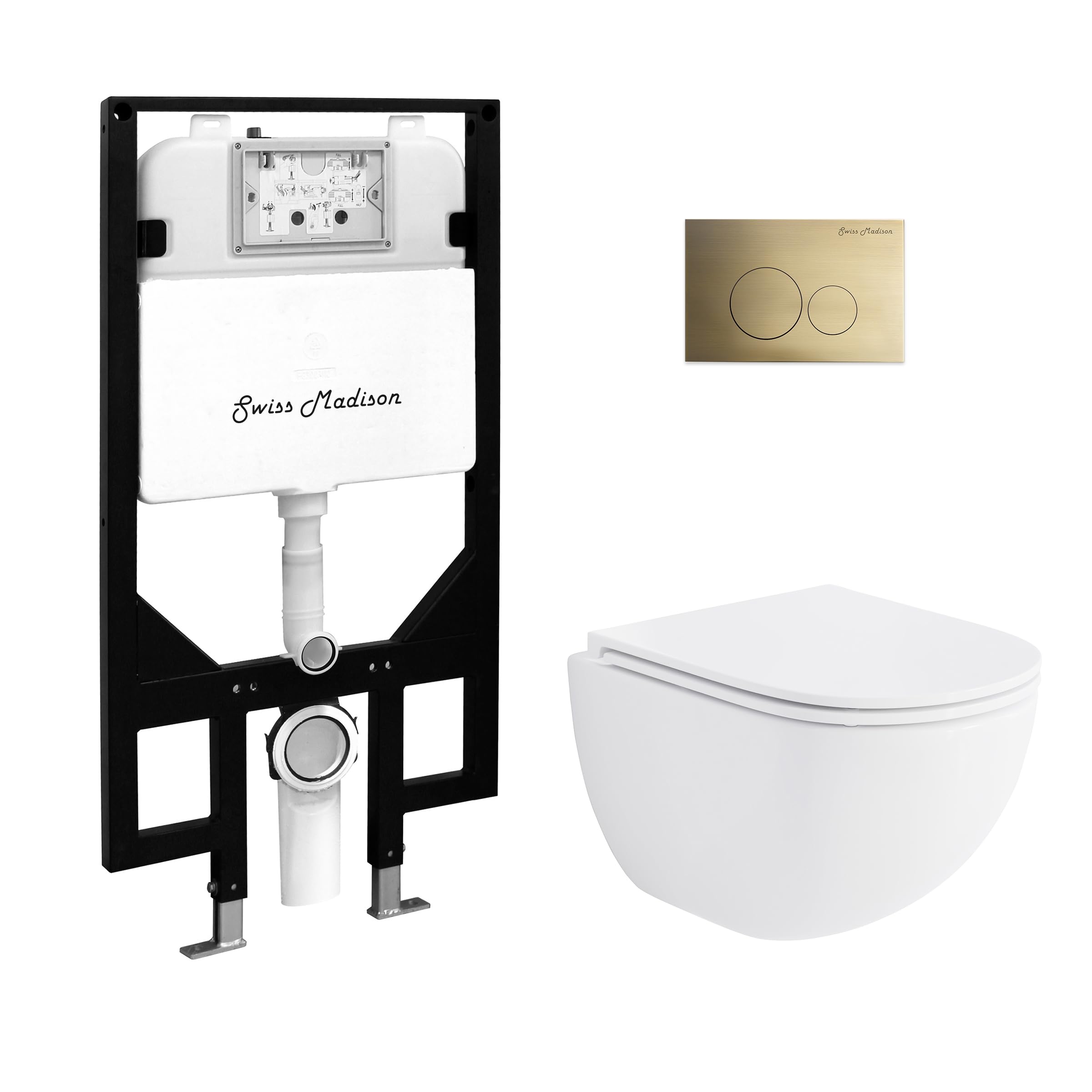 Swiss Madison St. Tropez Wall-Hung Toilet Bundle 0.8/1.6 GPF Dual Flush in Glossy White with Brass Flush Plate