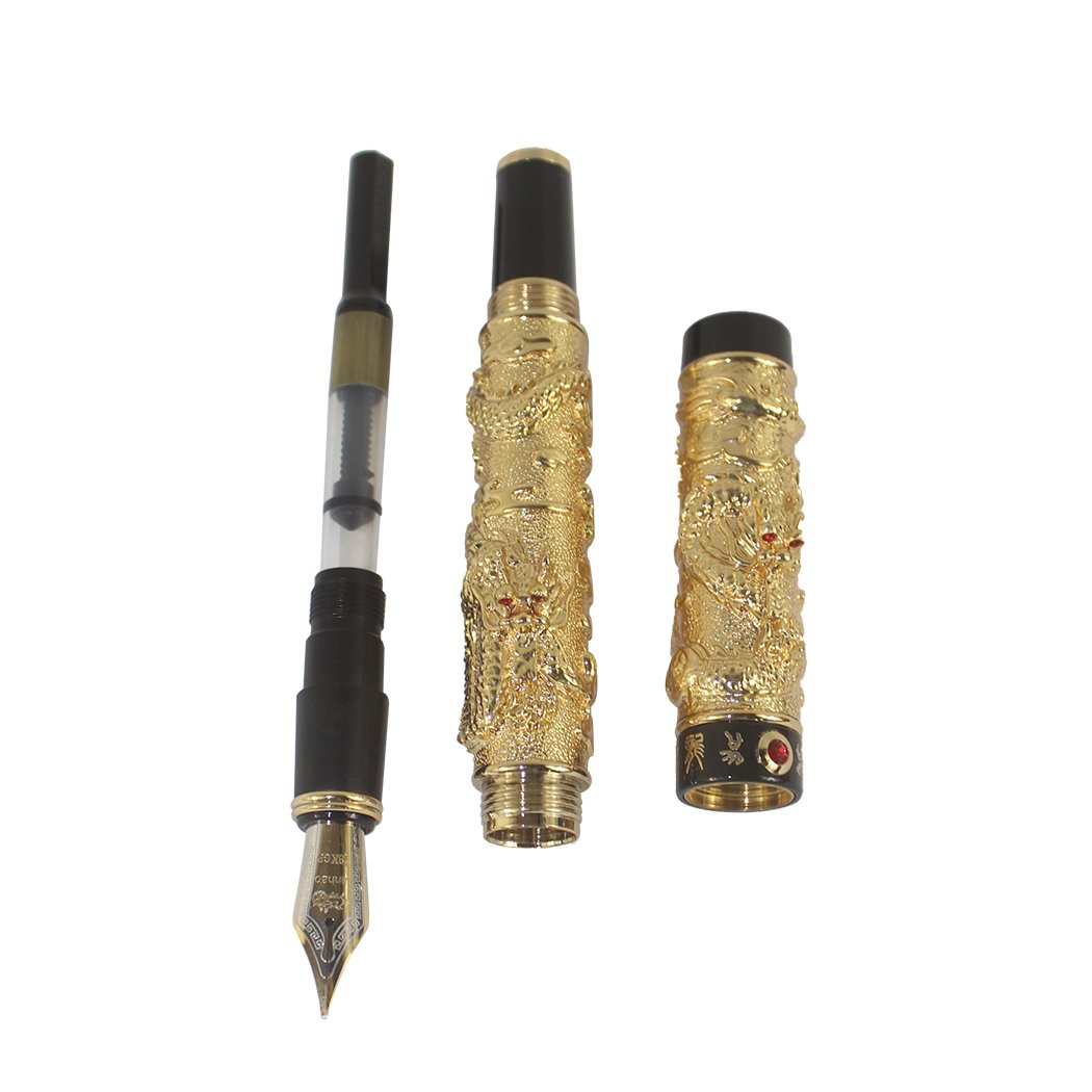 Jinhao - Pluma estilográfica clásica de dragones chinos jugando con la perla tallada 3D, estilo dorado de lujo, dorado 5