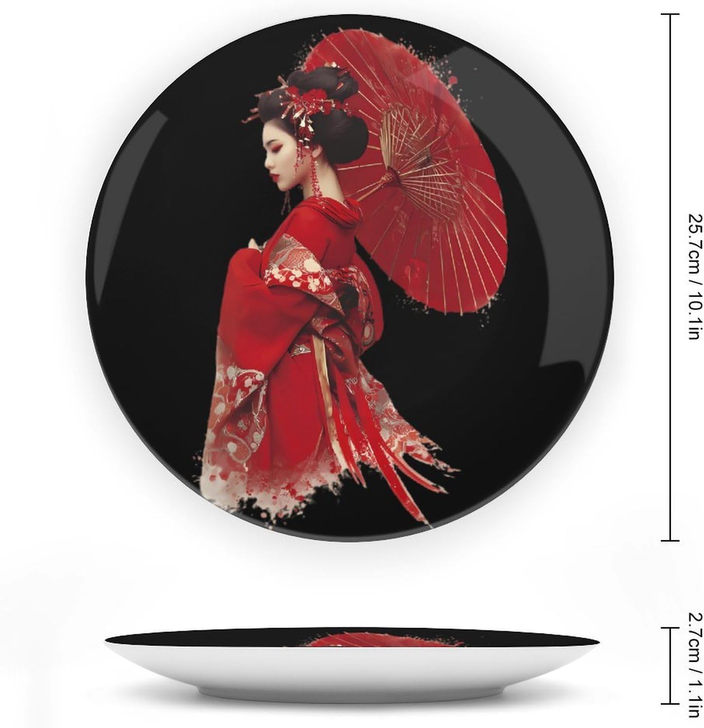 Beautiful Geisha in Kimono Printed Decorative Plate with Display Stand Handmade Ceramic Ornament Hanging Wall Decor for Foyer Home Office