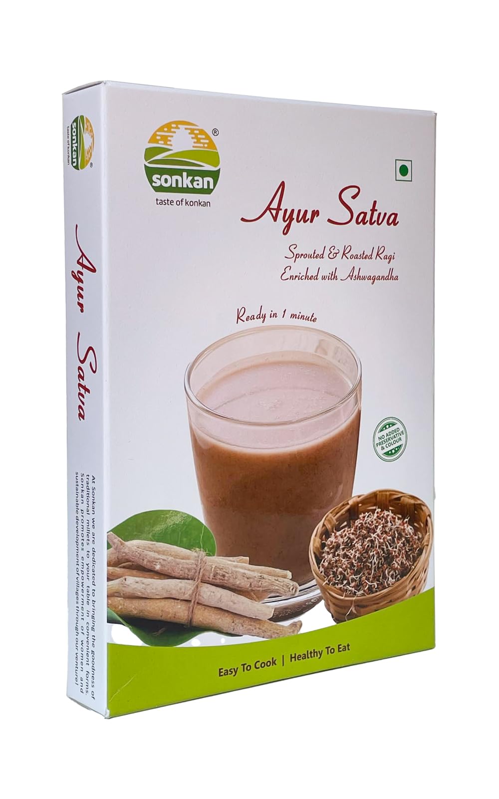 SONKAN Ayur Satva Ragi Malt with Sprouted and Roasted Ragi enriched with Ashwagandha 100% Natural 800 Grams (Pack of 4 × 200 grams each) Ragi Health Drink Mix Gluten Free