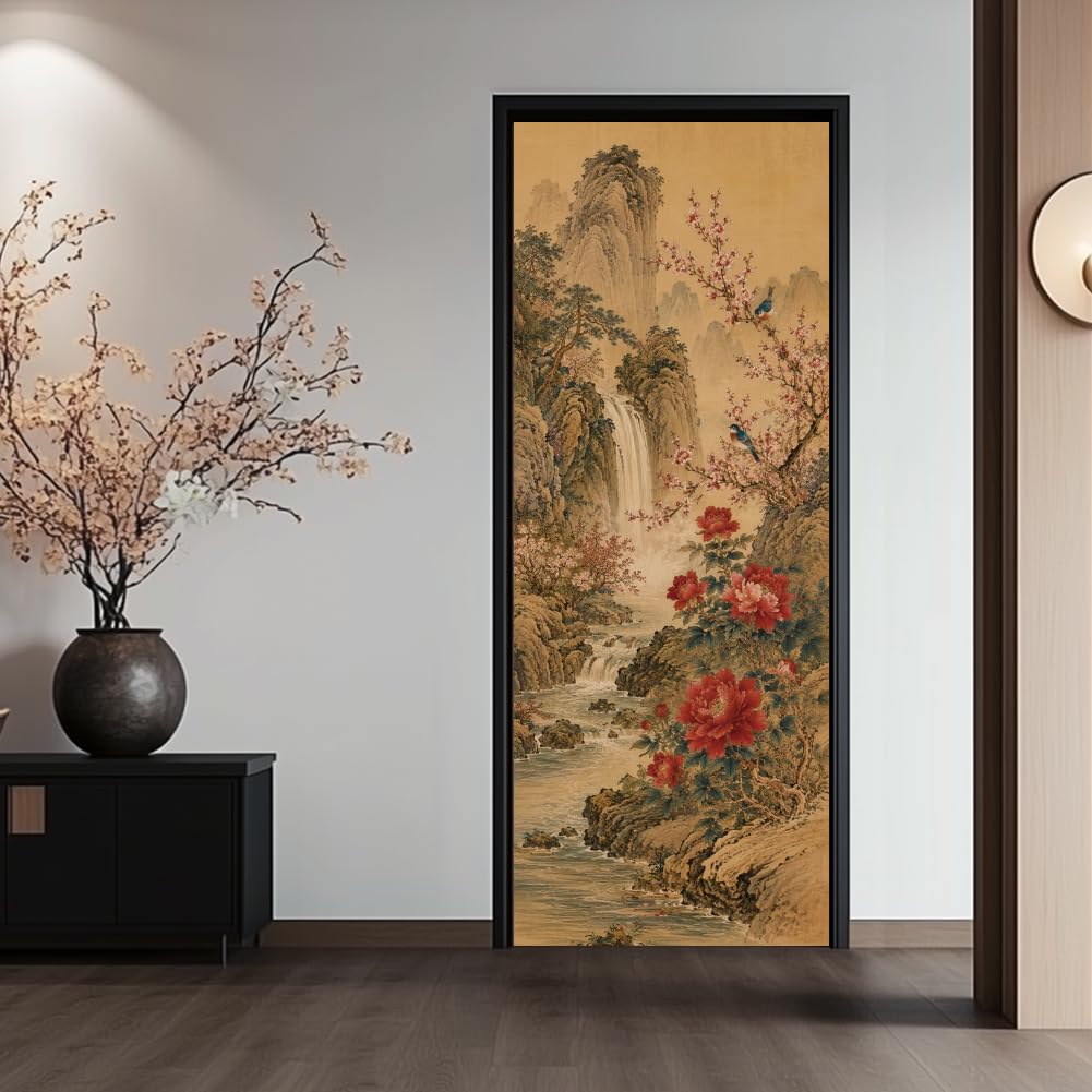 arricraft 2 Pcs 3D Self-Adhesive Door Sticker, 31.5"x78.7" Traditional Scenery Flower and Bird Pattern Door Murals Stickers PVC Removable Wallpaper Decoration for Bedrooms ​Living Room