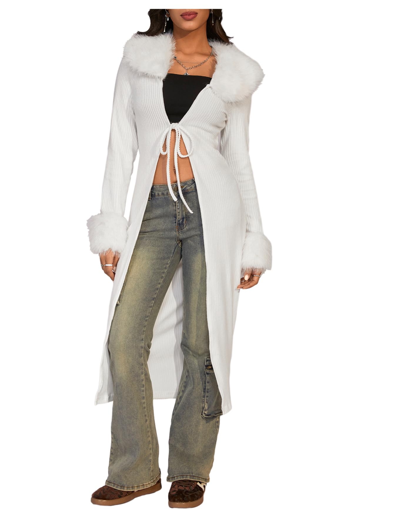 SOLY HUX Long Cardigans for Women Fur Trim Fuzzy Open Front Long Sleeve Tie-up Y2k Knitted Sweater Coats