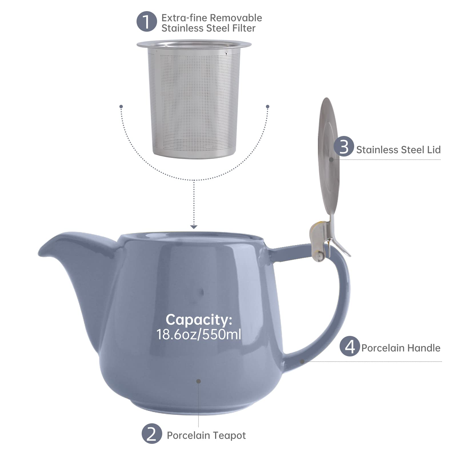 VIVILINEN Teiera con Infusore Rimovibile e Coperchio in Metallo da 550ml, Teiera in Ceramica per Tè in Foglia e Tè Sfuso