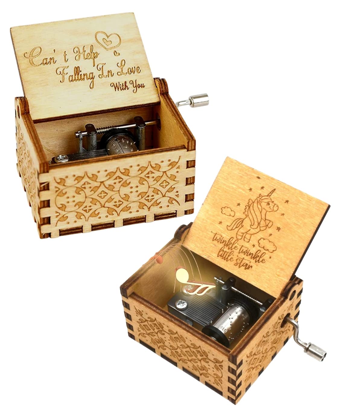EITHEO Antique Wooden Hand Crank Music Box Gift _ Music Box Can't Help Falling Love with You & Twinkle-Twinkle Little Star Brown ( CHFL & Twinkle)