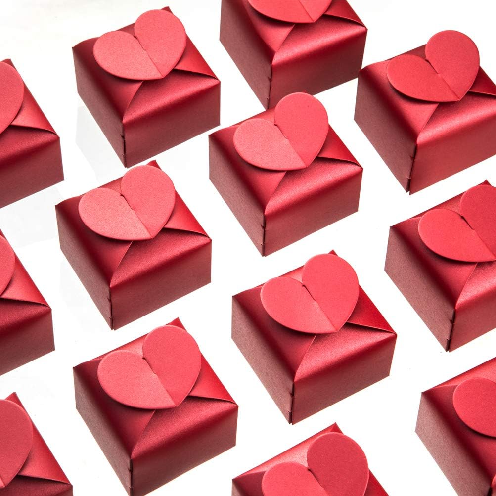 AWELLBurgundy Favor Box Bulk 2.5x2x2.5 inches with Heart Bow Party Favor Box,Burgundy,Pack of 50