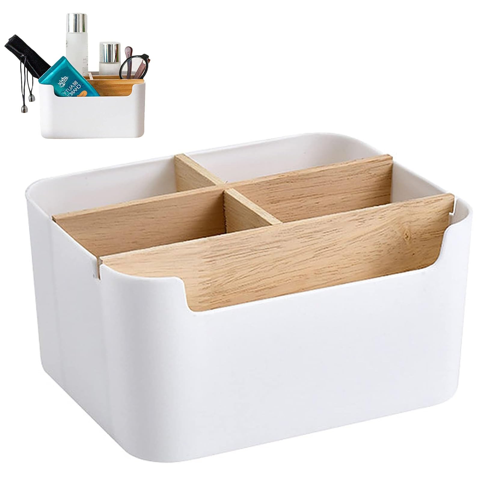 Organizador Escritorio, Organizador de Madera con 5 Compartimentos, Caja de Almacenaje Multiusos de Sobremesa, Organizador de Escritorio de Madera, Portabolígrafos para Oficina, Dormitorio, Blanco