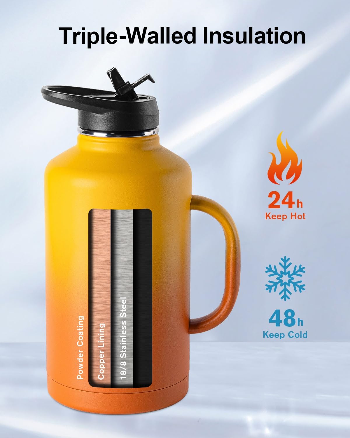 Trebo Bouteille d'eau de 1,11 l isotherme avec poignée - Grande carafe en acier inoxydable à double paroi - Bouteille de voyage avec couvercle à bec à paille - Gobelet avec pochette de transport -