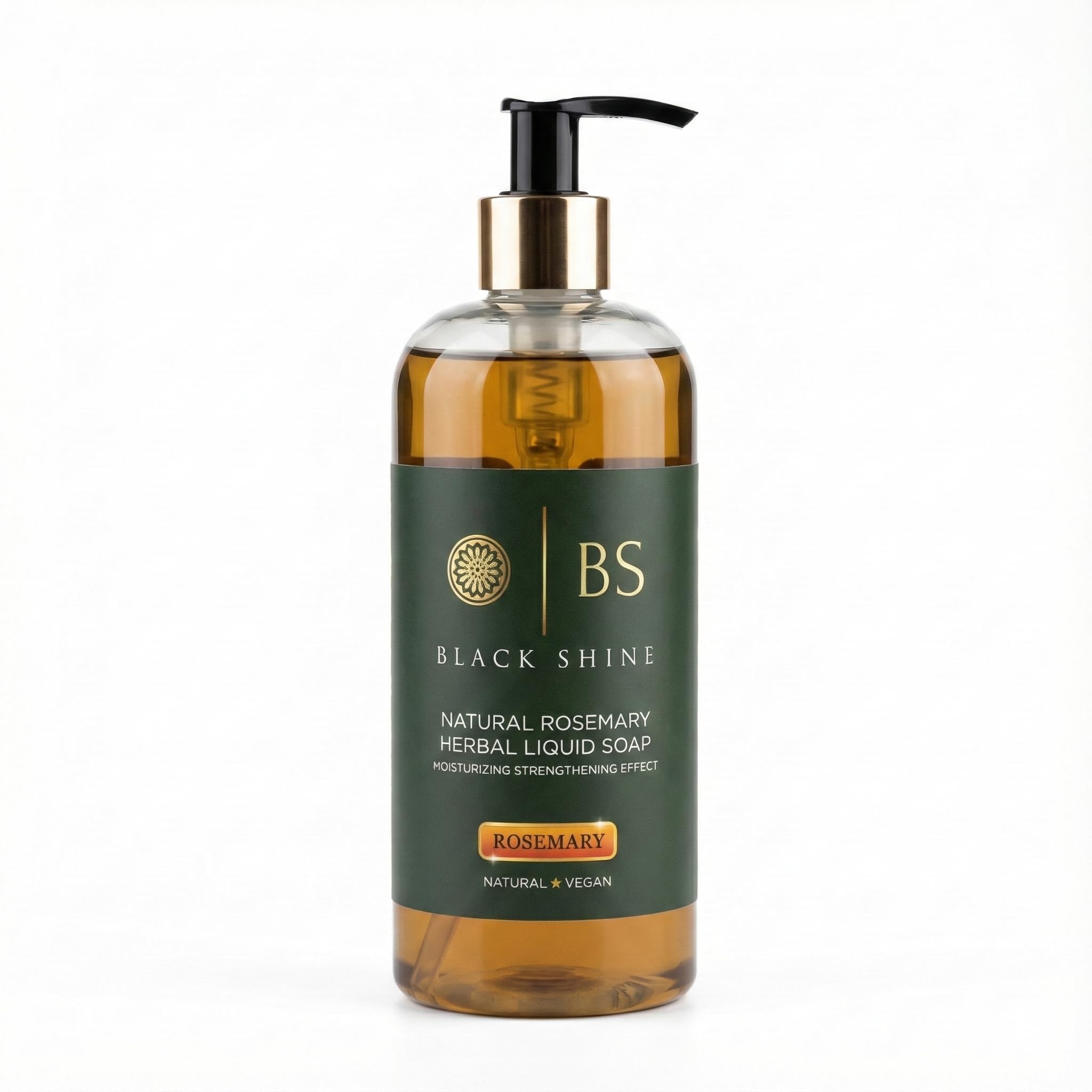 Black Shine Rosemary Liquid Hand Soap for Kitchen/Bathroom, Vegan, Herbal Scent, Includes 1 Real Rosemary Sprig (Outer Pack), 13.52 fl oz / 400 ml, Paraben-Free, No Dyes, No SLS, Pump