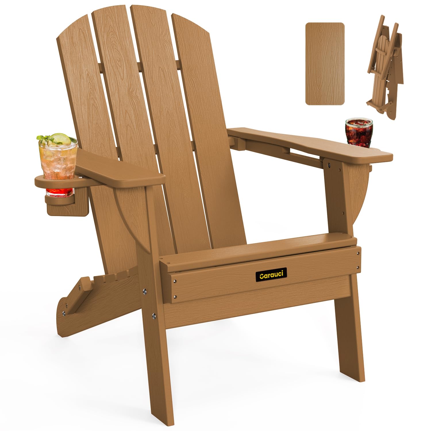 Folding Adirondack Chair, Wooden Textured Plastic Adirondack Chairs with 2 Cup Holder, Weather Resistant HDPE Fire Pit Chair, Outdoor Patio Chairs for Garden, Backyard, Lawn, Deck, 380LBS, Teak