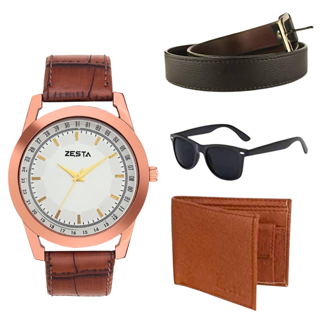 Zesta Gift Combo for Men Pack of Analog Watch for Men with Brown Wallet, Belt and Black Sunglasses for Men | Watch Wallet Combo for Men Z161