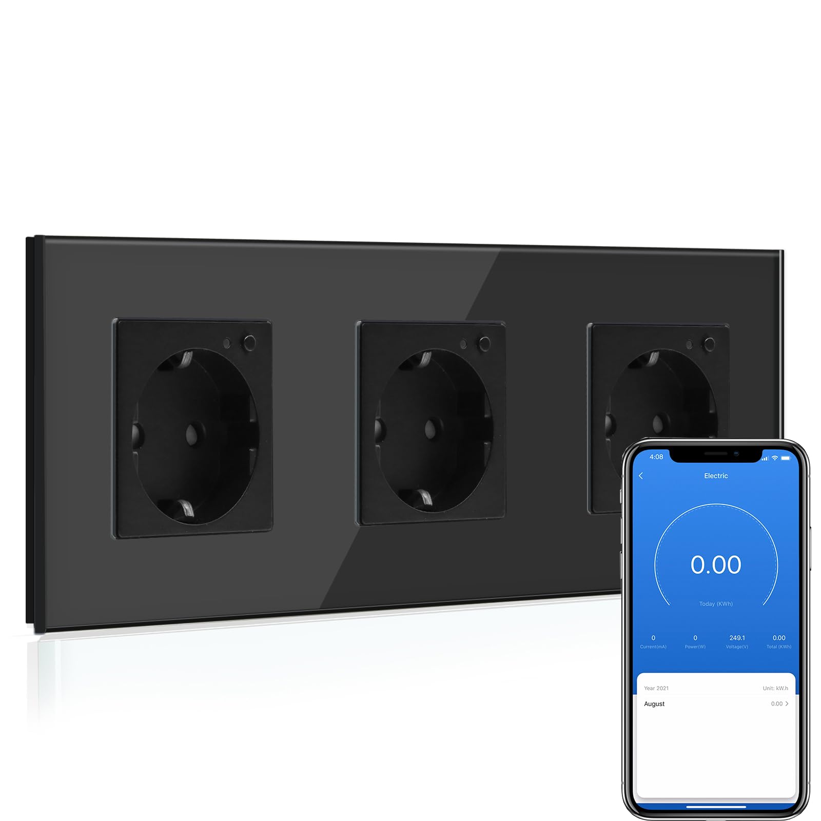 BSEED BSEED Enchufe Triple de Pared WiFi con monitor de consumo de energía,Schuko Enchufe inteligente Compatible con Alexa y Google Home,Control de APP y Función de Temporizador,16A Negro