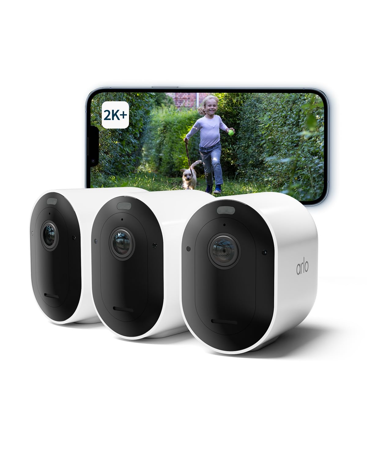 Arlo Pro 5 Telecamera WiFi Esterno Senza Fili, Telecamera WiFi Interno, 2K HDR, Sirena Allarme Casa, Sensore Di Movimento, Visione Notturna Colori, Prova Inclusa Secure, 3 Telecamere, Bianche