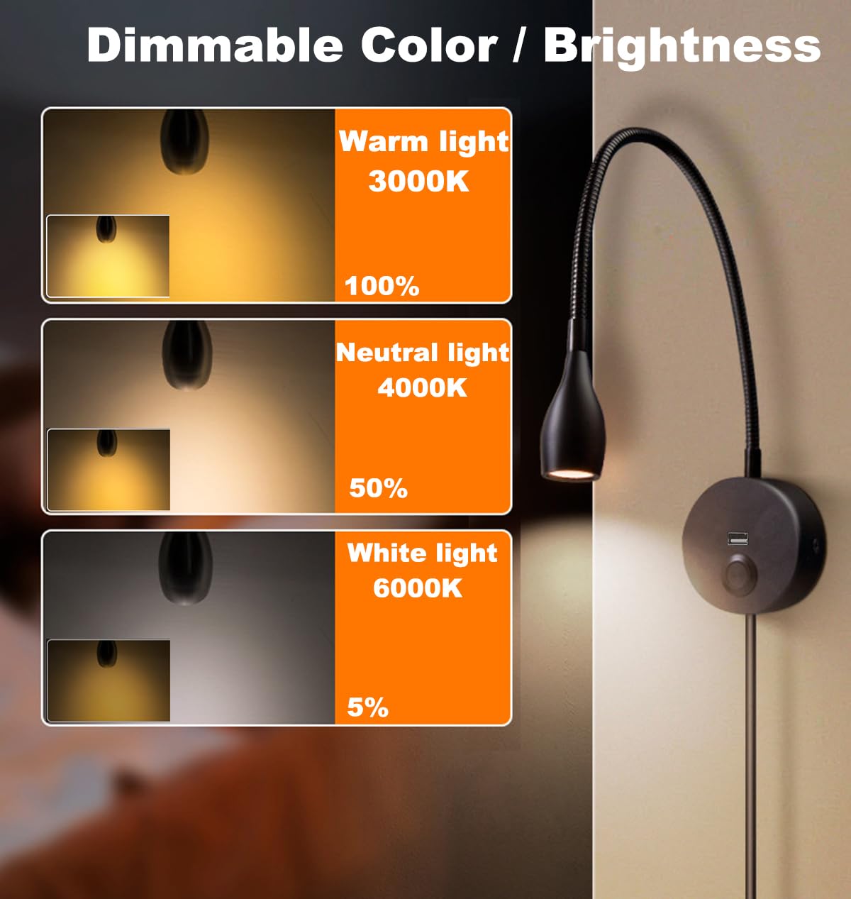 Lámpara de Lectura de Pared con Cuello de Cisne e Interruptor, lámpara de Cama LED de Pared, Regulable táctil con Puerto de Carga USB, luz Ajustable de 3000 a 6000 K, luz de Lectura de Pared para