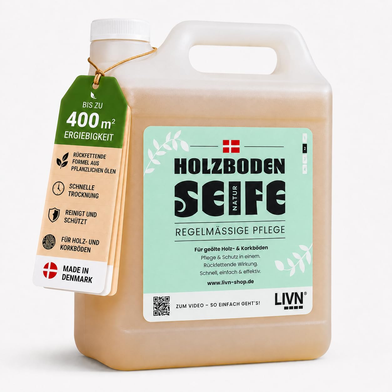 LIVN Holzbodenseife Natur 2,5L | Rückfettende Pflege & Reinigung, Für geölte Holz- & Korkböden, 200-400m² Ergiebigkeit, Made in Denmark