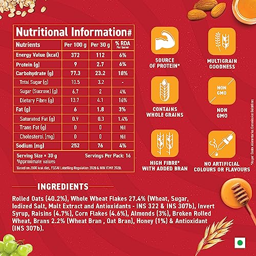 Image of Bagrry's Crunchy Muesli | 40% Fibre Rich Oats with Bran | 82% Multi Grains, Almonds, Raisins & Honey | Breakfast Cereal | Natural Muesli, 500 GM (Pack of 2)