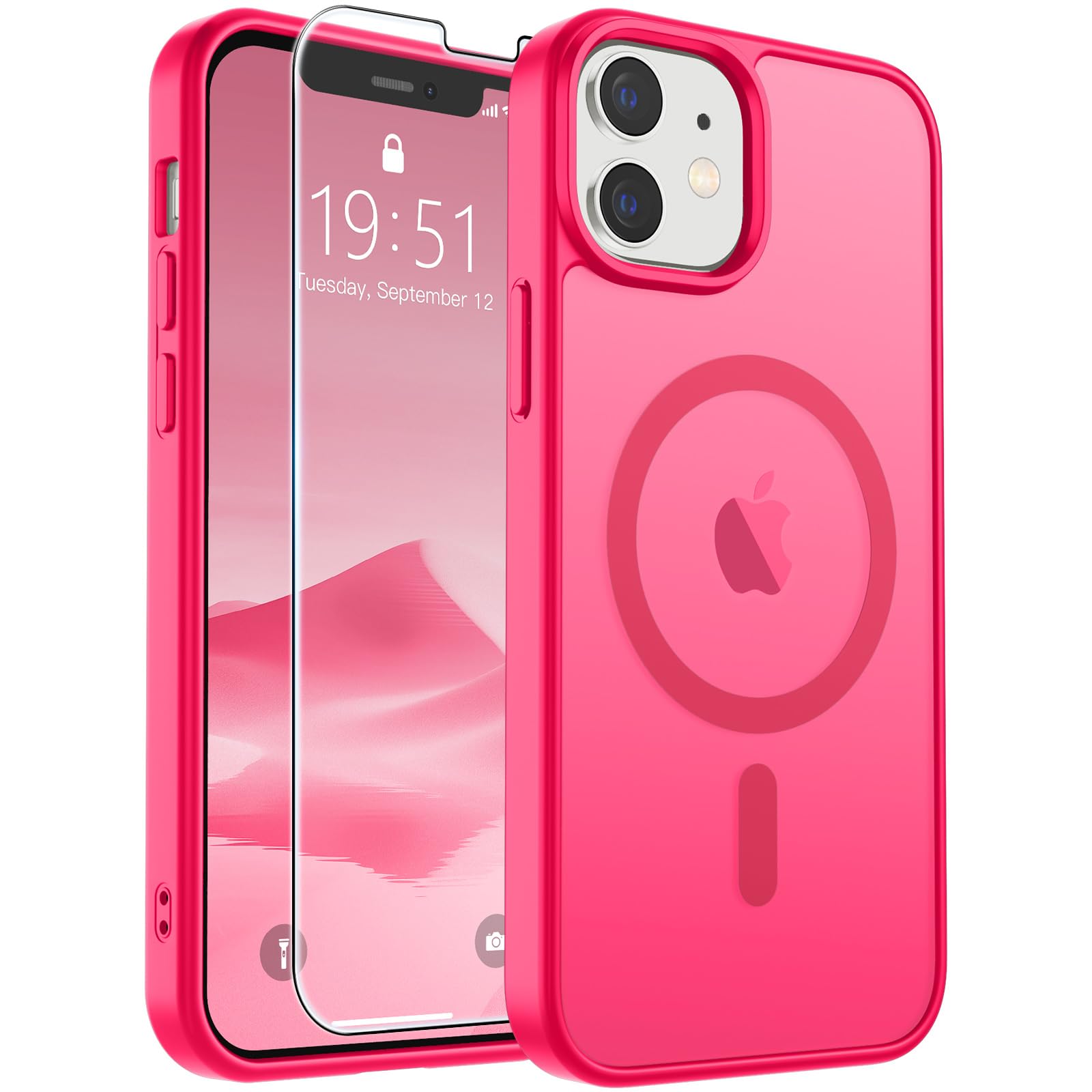 SUPFINE Magnetic for iPhone 12 Mini Case/iPhone 13 Mini Case Hot Pink | With Screen Protector, Translucent Matte, Compatible with MagSafe, Military Grade Drop Proof, Rugged Shockproof Protective