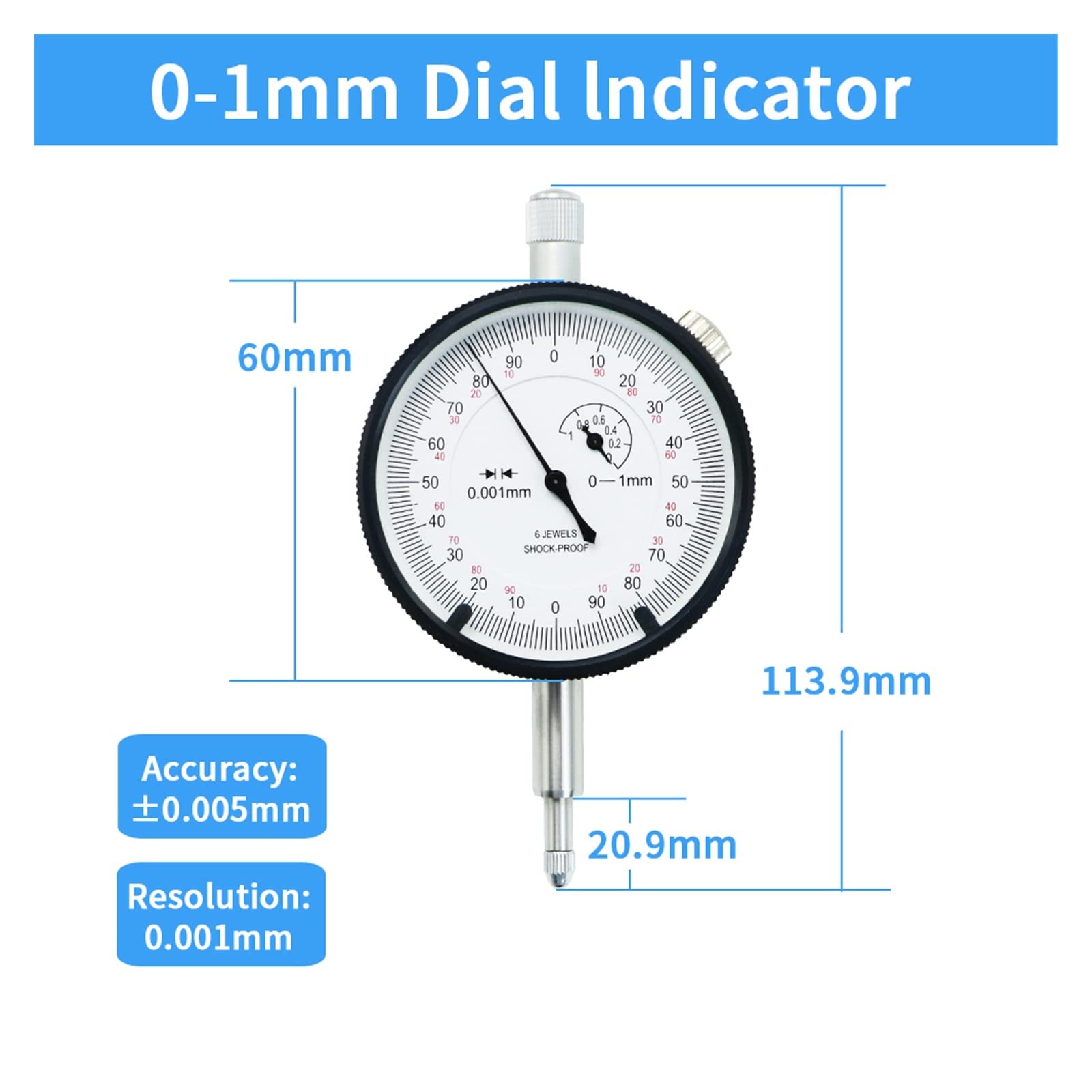 Indicador de carátula de 0-1 mm Indicador de carátula de 0,001 mm Herramientas de medición métricas Herramienta de indicador de calibre