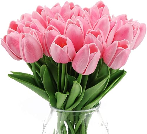 Miniatura 1 de IPOPU Tulipanes rosados, 24 piezas de tulipanes de tacto real, tulipanes rosados falsos, flores artificiales para decoración del hogar, ramo de