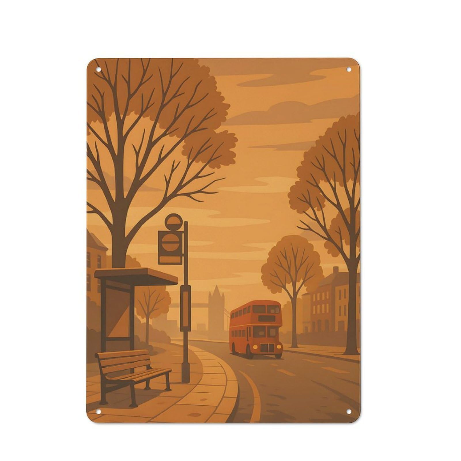 Junmoney London Bus Stop Illustration Rustic Decorative Tin Sign 40X30cm, Cottage Wall Art For Cottage, Kitchen, Hallway Or Breakfast Nook