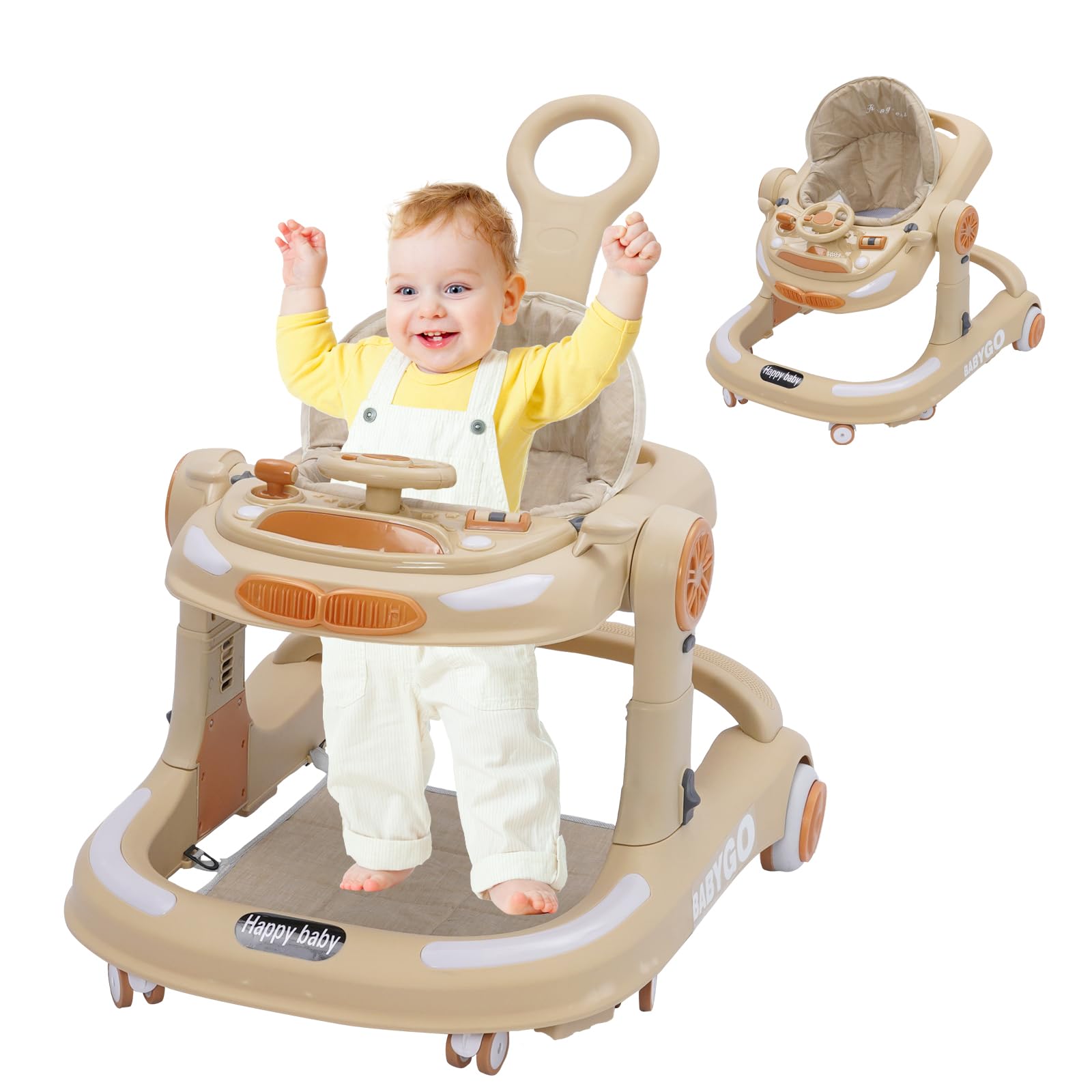 Girello Bambini 4 in 1, Girello Pieghevole con Altezza Regolabili, Baby Walker con Vassoio Musicale, Tappetino e Freno, Design Anti-Ccollisione, Primi Passi per Bambini 6-18 Mesi