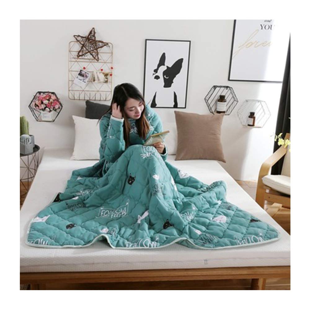 Hoxmoma Green Lazy Wearable Blanket With Zippers, Thickened Portable Cotton Quilt With Sleeves, Warm Sleep Sack For Adult, Windproof Cloak For Home And Office 59 * 79In,