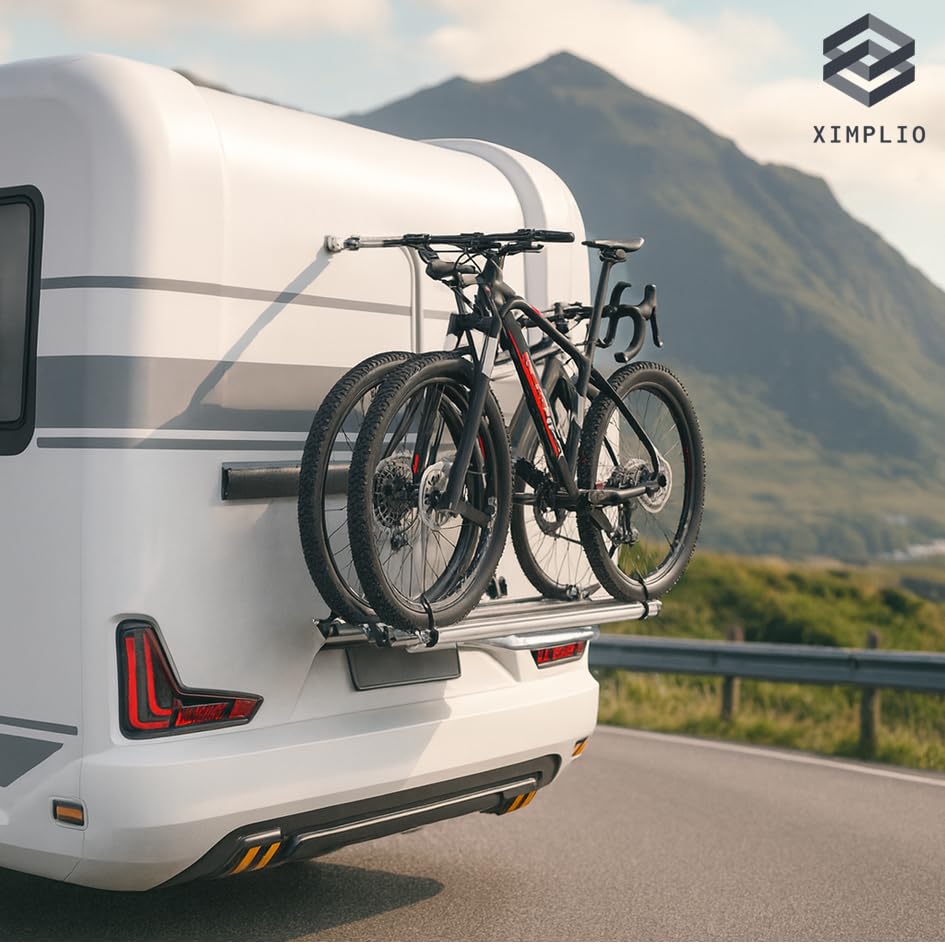 XIMPLIO Wallrider Portabici per Camper e Caravan, Alluminio Anodizzato, per 2 Biciclette ed E-Bike, Carico Massimo 50 kg, Pieghevole con Antifurto Integrato