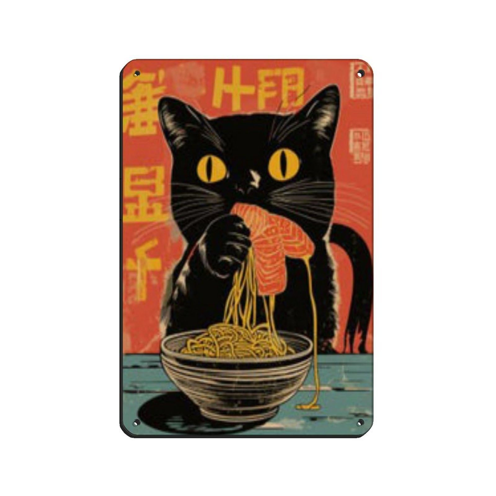 Lxwnze 20L X 30W Cm Eigenzinnige Zwarte Kat Die Ramen Eet Poster Retro Poster Metal Tin Sign Chic Art Retro Iron Painting Bar People Cave Cafe Family Garage Poster Wall Decoration 8X12inch(20X30cm)