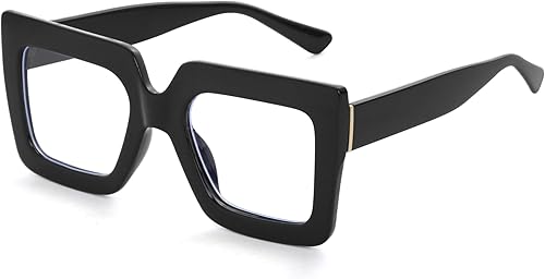 Kursan Lentes cuadrados de gran tamaño para mujeres y hombres, con marco grande, bloqueo de luz azul, anteojos de moda (negro brillante)