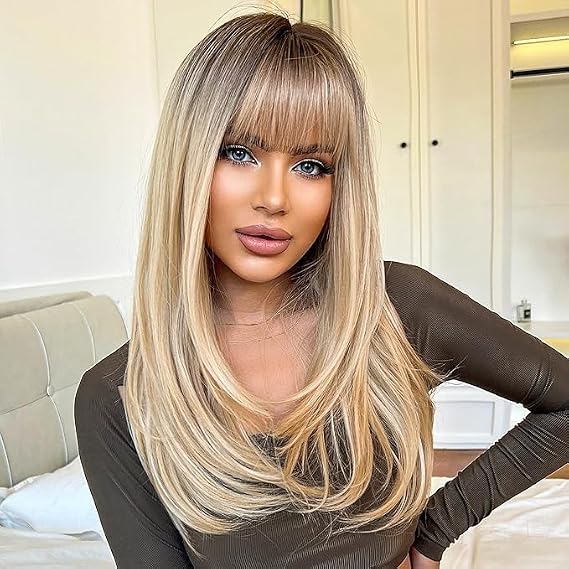 HAIRCUBE Long Blonde Wigs for Women Straight Synthetic Layered Wig with Bangs and Dark Roots