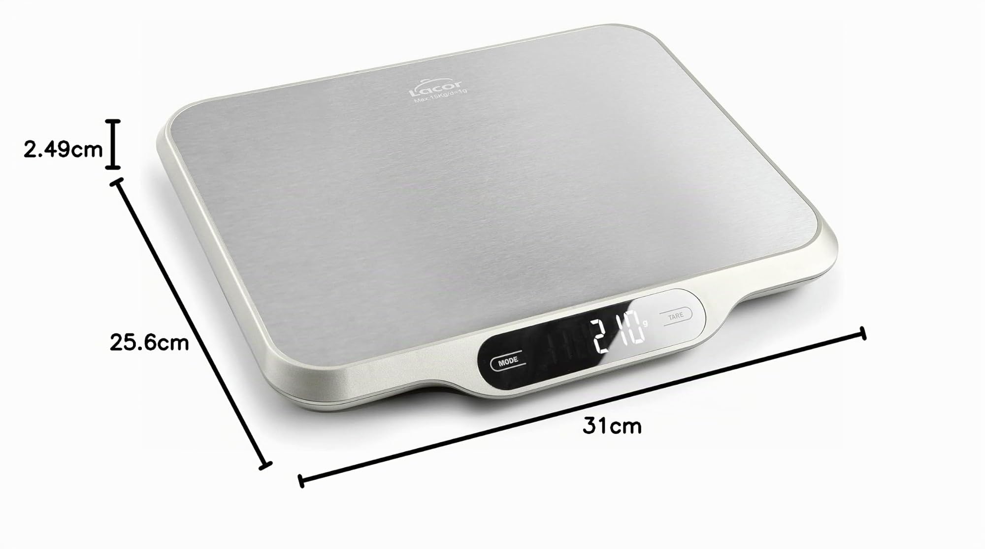 Lacor - Báscula de cocina EBEN, 15 Kg, 31x25'6x2'5 cm - Menaje Profesional | Para un uso práctico y profesional en cocina; perfecto para el día a día en hostelería y en casa, cómodo de usar y de guardar