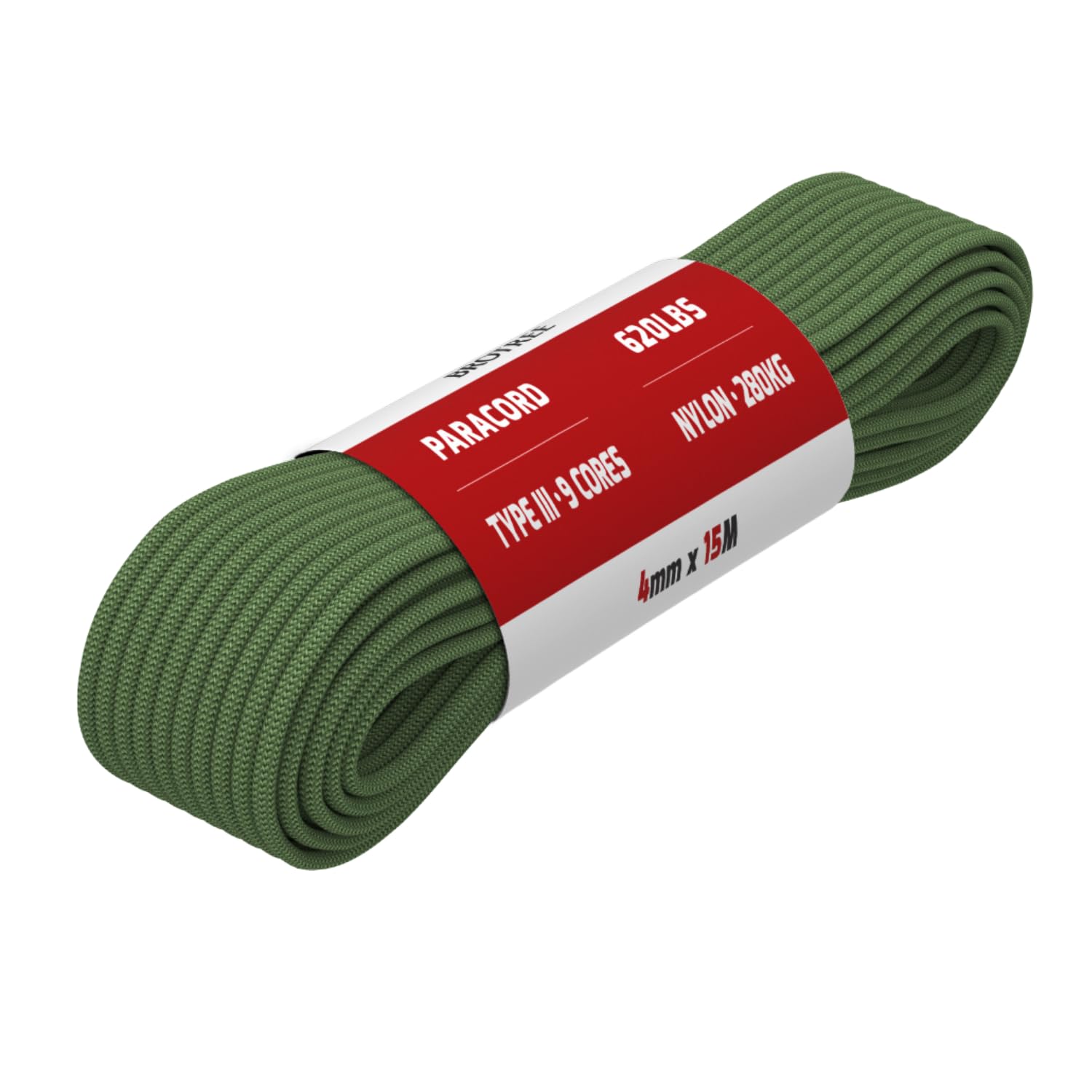 Brotree Paracord 4mm 15M 9 Strands 100% Nylon Rope Type 3 Parachute Cord for Outdoor, Bracelet, DIY - 280kg Breaking Load (Forest Green)