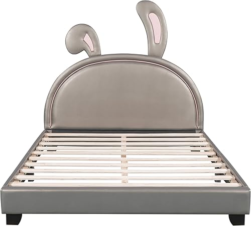 Miniatura 4 de Bellemave Cama de plataforma tapizada de tamaño matrimonial con cabecera en forma de orejas de cartón, soporte de listones de marco bajo al suelo