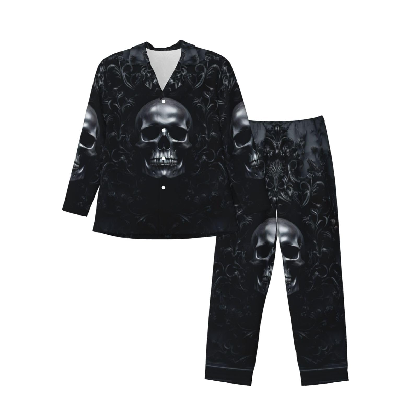 Limpac Men's Black Gothic Wallpaper Skull Print Pajamas Sleepwear Set, Soft Long Sleeve Button Dow Loungewear With Pockets, Xl