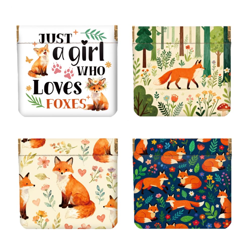 4Pcs Small Leather Squeeze Coin Purse for Women-Fox Pattern Waterproof & Durable Snap Closure Change Pouch Mini Money Wallet Bag for Adult Teen Girls Best Gift