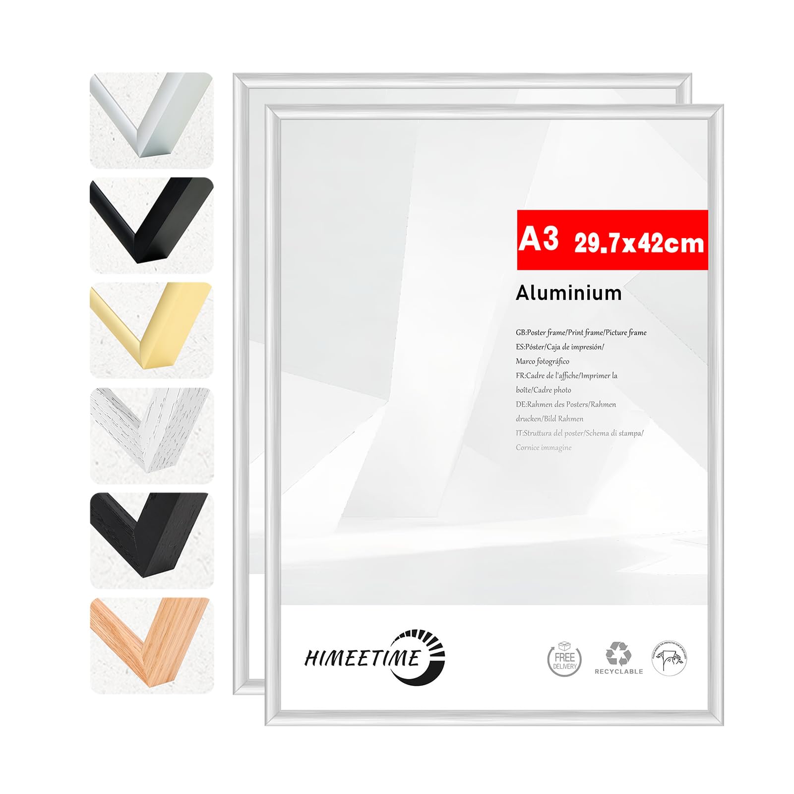 HIMEETIME® 2x Cadre Photo A3 30 x 42 cm en Aluminium Argenté, 29,7 x 42 cm Cadres de Posters Convient pour La Décoration Murale ou L'affichage de Galerie
