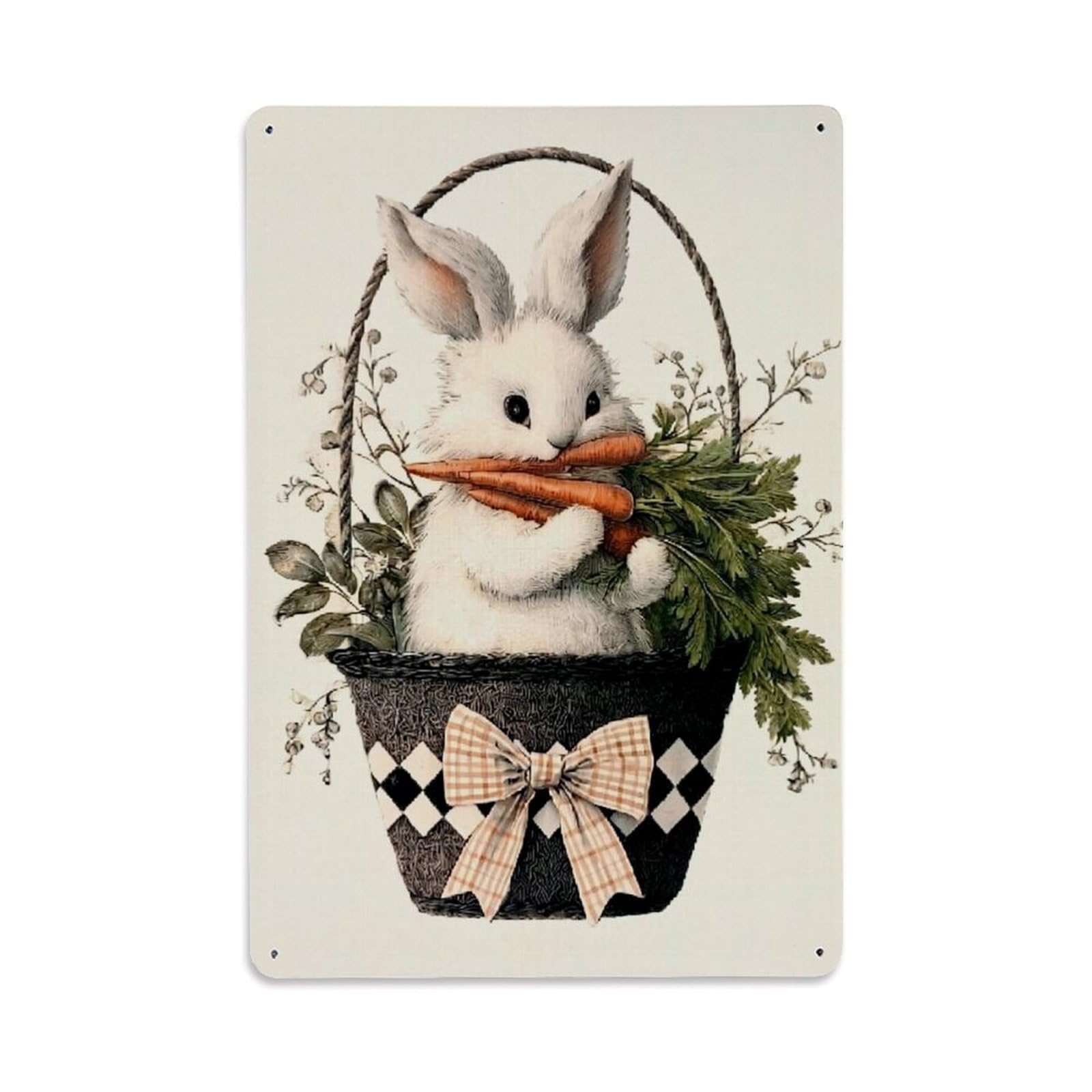 Jdfenggu Vintage Checkered Bow Carrot Bunny Basket Retro Metal Tin Sign, Decor Art Poster For Bar, Home, Man Cave, Kitchen, Laundry Room Gift 8X12inch