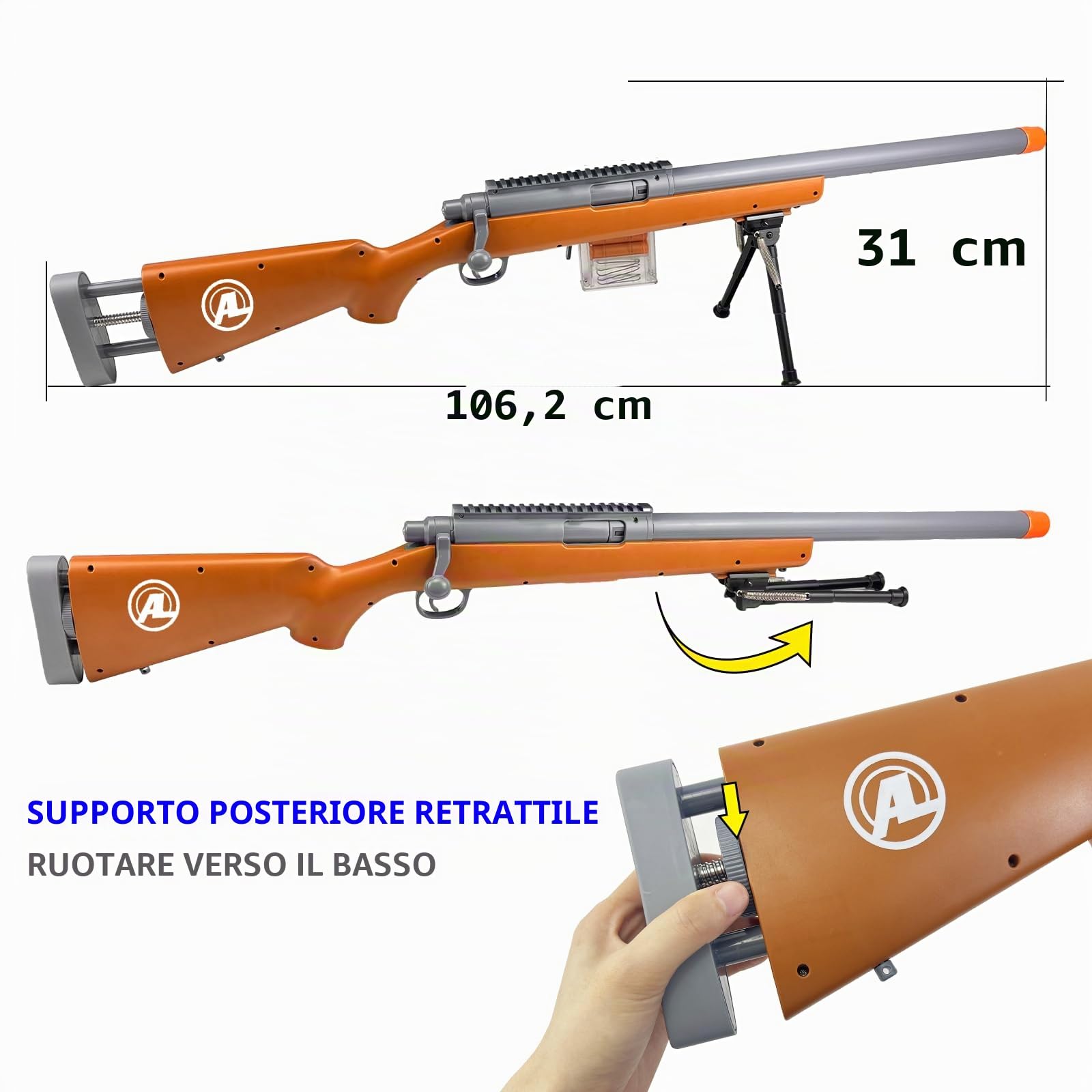 AGM MASTECH M24 Blaster in Schiuma, Eiezione del Guscio, Interruttore di Sicurezza, Stock Regolabile 106,2 cm, Mirino, 40 Dardi, 20 Gusci, 2 Caricatori, Equipaggiamento da Gioco Tattico per