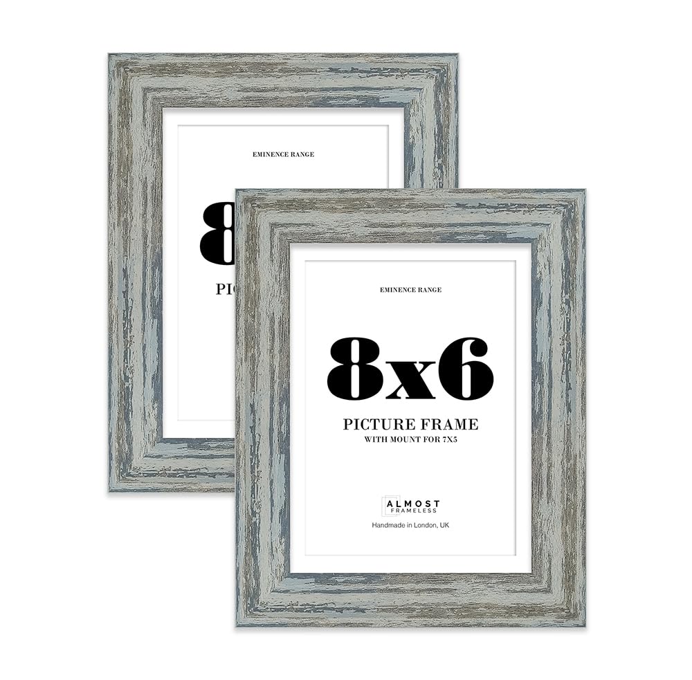 8x6" Distressed Blue Picture Frame with 7x5" Mount - Industrial Photo Frame with Distressed Finish, Wall Hooks and Kickstand, 32mm Edge - 2 Pack