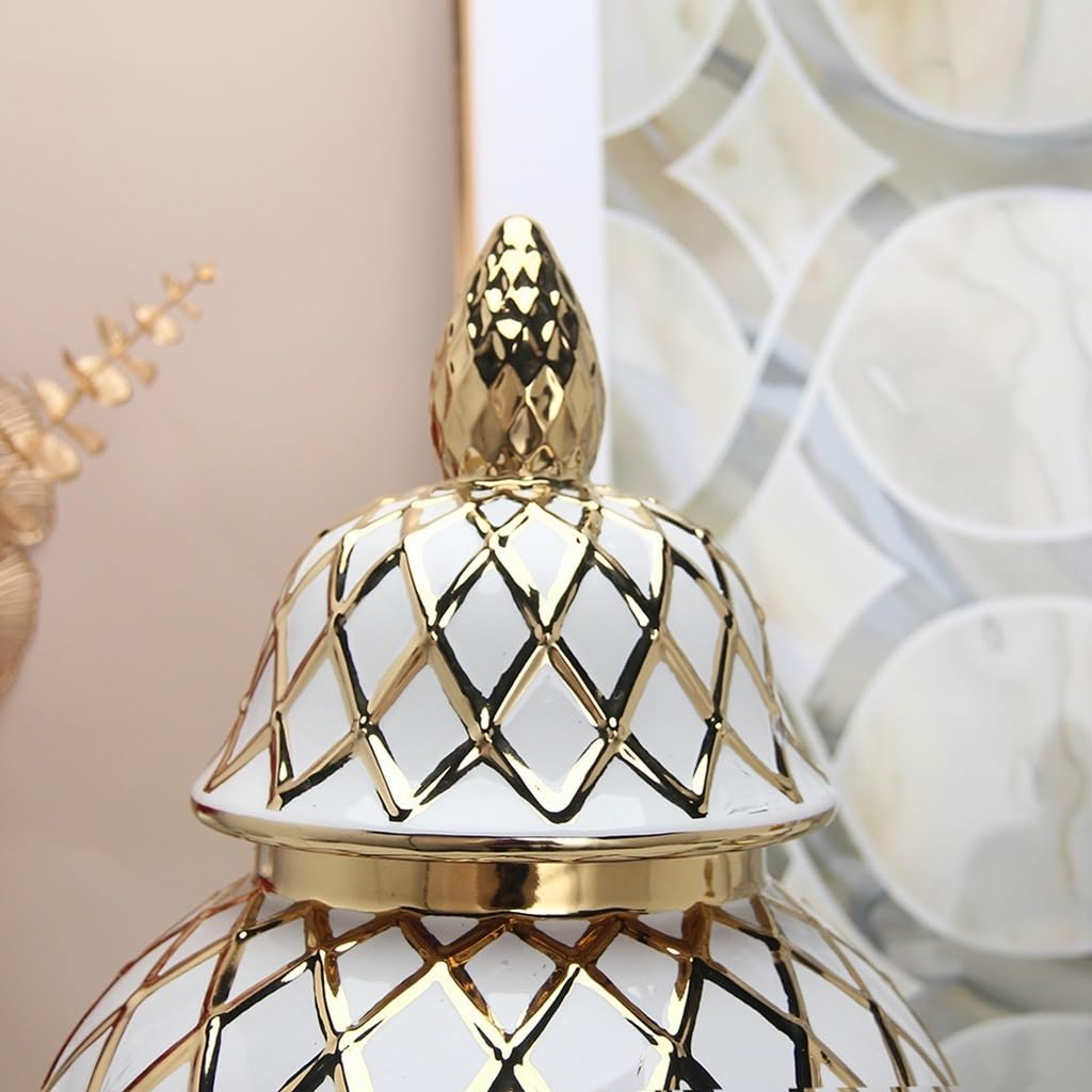 Keramischer Ingwer Krug Mit Deckel Weiß Und Gold Allgemeiner Krug Tempelkrug Keramischer Krug Zur Aufbewahrung Für Home Crafts Weiche Dekoration Vasen Blumenarrangements