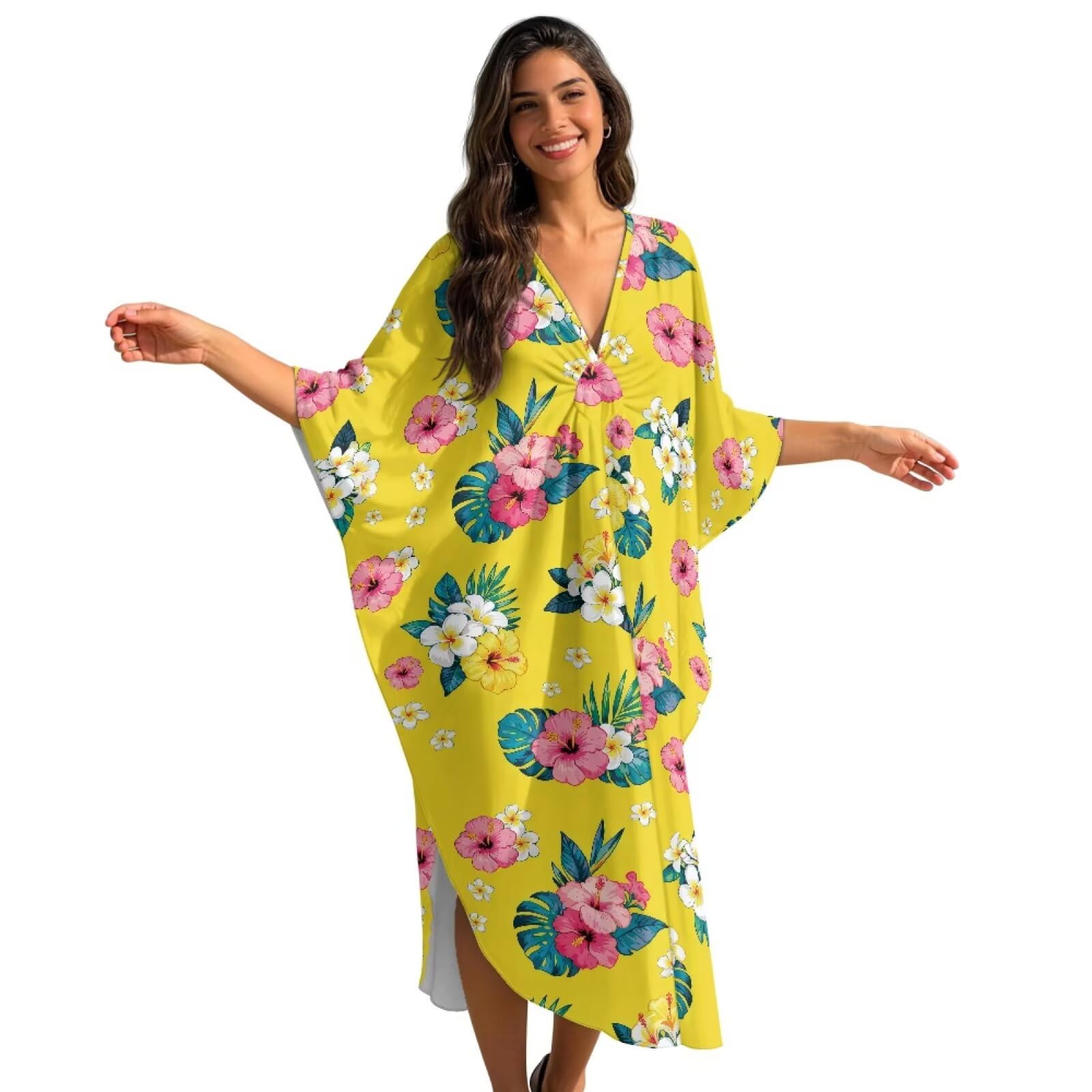 Poceacles Tropikalna sukienka kaftan z kwiatowym nadrukiem dla kobiet plus size strój kąpielowy okrycie letnie okrycie plażowe hawajska sukienka